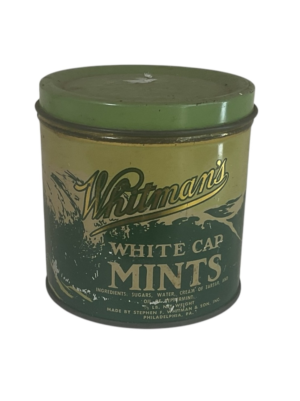 Vintage Whitman’s White Cap Mints Tin Canister Green Metal Candy Advertising